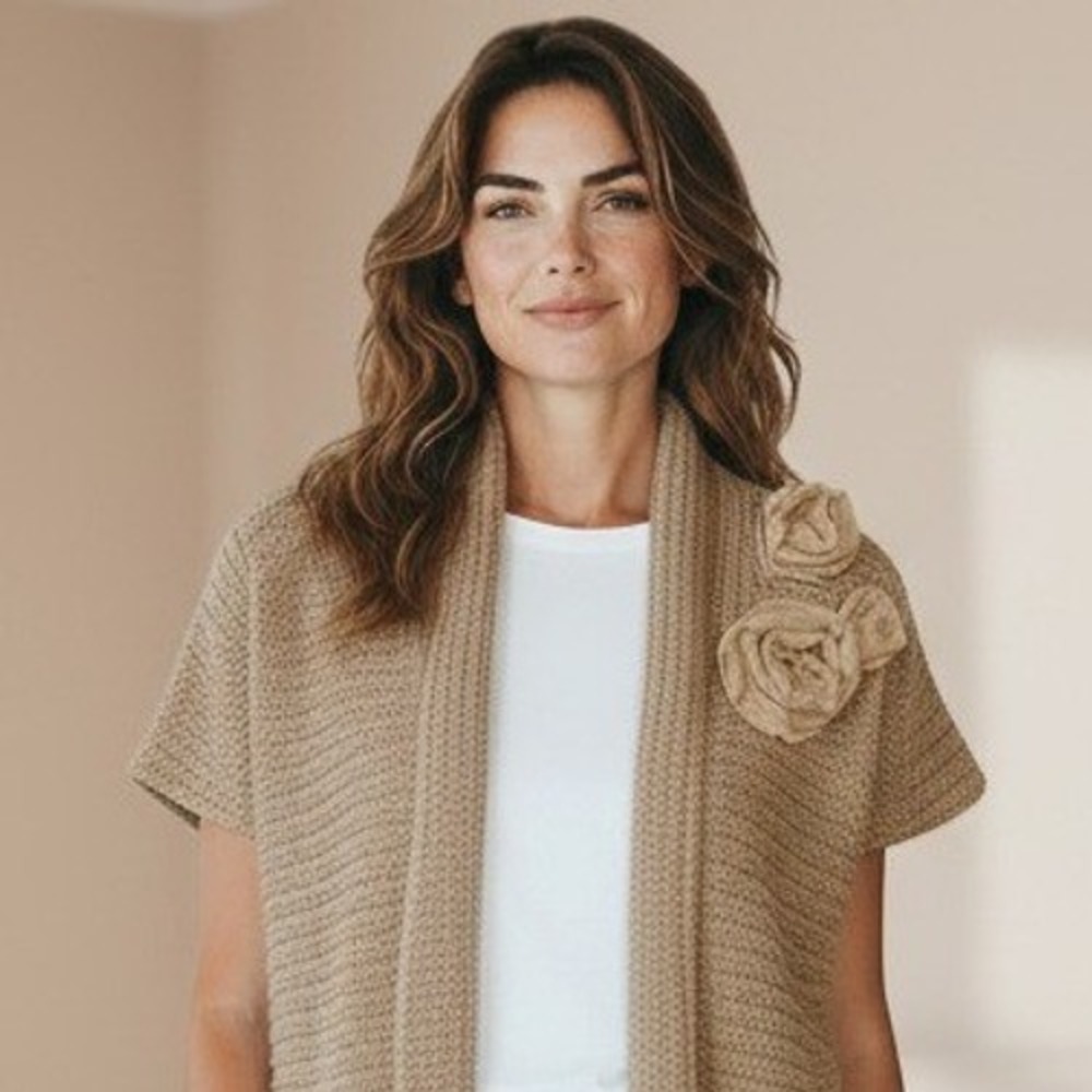 Cabi Tan Beige Short Sleeve Floral Rosette Knit Cardigan Sweater Small